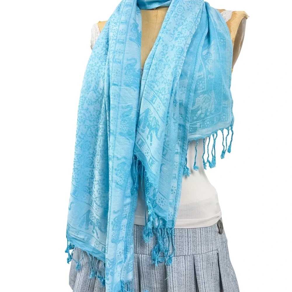 Boho Elephant Cashmere Pashmina Scarf Shawl Sky Blue Fringe Ethereal Timeless